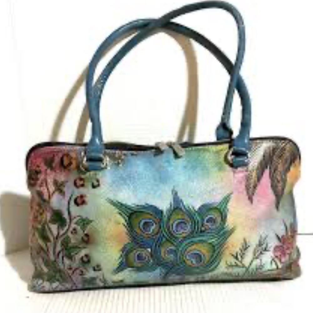 Biacci Handpainted Leather  Peacock Feathers Floral  Colorful Handbag Purse